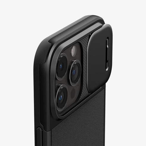 ACS06599 - iPhone 15 Pro Max Case Optik Armor (MagFit) in black showing the back with lens slot open